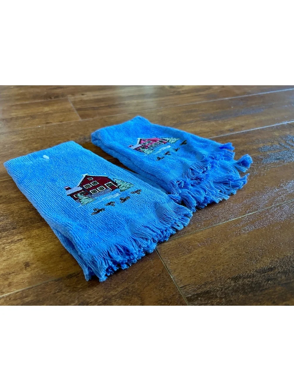 Blue Hand Towels with Red House and Tree Embroidery